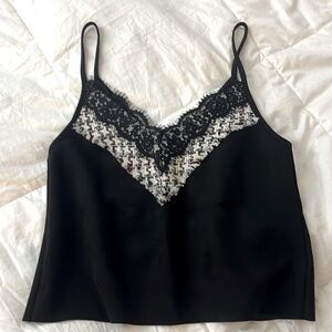 Zara Black Faux Suede Tweed Lace Detail Spaghetti Strap Tank Top Size Medium